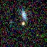 Colour composite: F444W red, F356W green, F277W blue, 3.2 arcsec across, north up