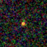 Colour composite: F444W red, F356W green, F277W blue, 3.2 arcsec across, north up