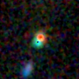 Colour composite: F444W red, F356W green, F277W blue, 3.2 arcsec across, north up