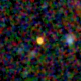 Colour composite: F444W red, F356W green, F277W blue, 3.2 arcsec across, north up