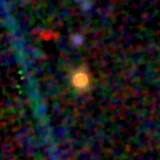 Colour composite: F444W red, F356W green, F277W blue, 3.2 arcsec across, north up