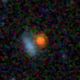 Colour composite: F444W red, F356W green, F277W blue, 3.2 arcsec across, north up