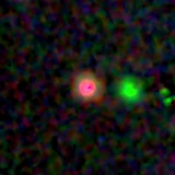 Colour composite: F444W red, F356W green, F277W blue, 3.2 arcsec across, north up