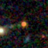 Colour composite: F444W red, F356W green, F277W blue, 3.2 arcsec across, north up