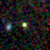 Colour composite: F444W red, F356W green, F277W blue, 3.2 arcsec across, north up