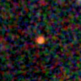 Colour composite: F444W red, F356W green, F277W blue, 3.2 arcsec across, north up