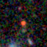 Colour composite: F444W red, F356W green, F277W blue, 3.2 arcsec across, north up