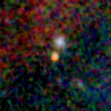 Colour composite: F444W red, F356W green, F277W blue, 3.2 arcsec across, north up