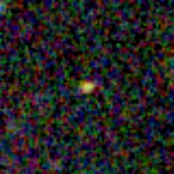 Colour composite: F444W red, F356W green, F277W blue, 3.2 arcsec across, north up