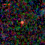 Colour composite: F444W red, F356W green, F277W blue, 3.2 arcsec across, north up