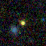 Colour composite: F444W red, F356W green, F277W blue, 3.2 arcsec across, north up