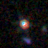 Colour composite: F444W red, F356W green, F277W blue, 3.2 arcsec across, north up