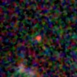 Colour composite: F444W red, F356W green, F277W blue, 3.2 arcsec across, north up