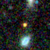Colour composite: F444W red, F356W green, F277W blue, 3.2 arcsec across, north up