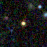 Colour composite: F444W red, F356W green, F277W blue, 3.2 arcsec across, north up