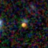 Colour composite: F444W red, F356W green, F277W blue, 3.2 arcsec across, north up