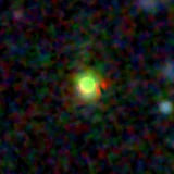 Colour composite: F444W red, F356W green, F277W blue, 3.2 arcsec across, north up