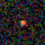 Colour composite: F444W red, F356W green, F277W blue, 3.2 arcsec across, north up