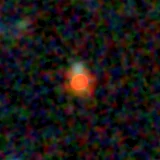 Colour composite: F444W red, F356W green, F277W blue, 3.2 arcsec across, north up