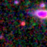 Colour composite: F444W red, F356W green, F277W blue, 3.2 arcsec across, north up
