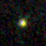 Colour composite: F444W red, F356W green, F277W blue, 3.2 arcsec across, north up