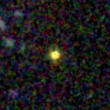 Colour composite: F444W red, F356W green, F277W blue, 3.2 arcsec across, north up