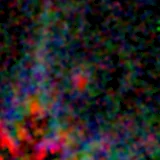 Colour composite: F444W red, F356W green, F277W blue, 3.2 arcsec across, north up