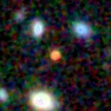 Colour composite: F444W red, F356W green, F277W blue, 3.2 arcsec across, north up