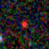 Colour composite: F444W red, F356W green, F277W blue, 3.2 arcsec across, north up