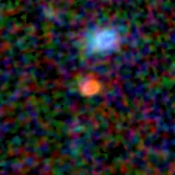 Colour composite: F444W red, F356W green, F277W blue, 3.2 arcsec across, north up