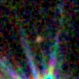 Colour composite: F444W red, F356W green, F277W blue, 3.2 arcsec across, north up
