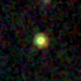 Colour composite: F444W red, F356W green, F277W blue, 3.2 arcsec across, north up
