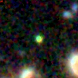 Colour composite: F444W red, F356W green, F277W blue, 3.2 arcsec across, north up