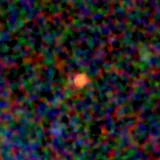 Colour composite: F444W red, F356W green, F277W blue, 3.2 arcsec across, north up