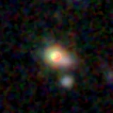 Colour composite: F444W red, F356W green, F277W blue, 3.2 arcsec across, north up