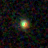 Colour composite: F444W red, F356W green, F277W blue, 3.2 arcsec across, north up