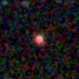 Colour composite: F444W red, F356W green, F277W blue, 3.2 arcsec across, north up