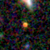 Colour composite: F444W red, F356W green, F277W blue, 3.2 arcsec across, north up