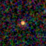 Colour composite: F444W red, F356W green, F277W blue, 3.2 arcsec across, north up