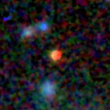 Colour composite: F444W red, F356W green, F277W blue, 3.2 arcsec across, north up