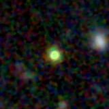 Colour composite: F444W red, F356W green, F277W blue, 3.2 arcsec across, north up