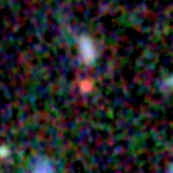 Colour composite: F444W red, F356W green, F277W blue, 3.2 arcsec across, north up
