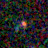 Colour composite: F444W red, F356W green, F277W blue, 3.2 arcsec across, north up