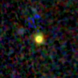 Colour composite: F444W red, F356W green, F277W blue, 3.2 arcsec across, north up