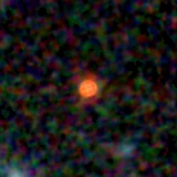 Colour composite: F444W red, F356W green, F277W blue, 3.2 arcsec across, north up