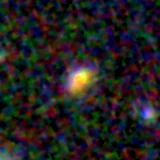 Colour composite: F444W red, F356W green, F277W blue, 3.2 arcsec across, north up