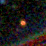 Colour composite: F444W red, F356W green, F277W blue, 3.2 arcsec across, north up