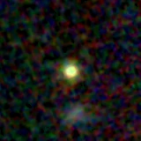 Colour composite: F444W red, F356W green, F277W blue, 3.2 arcsec across, north up