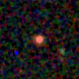 Colour composite: F444W red, F356W green, F277W blue, 3.2 arcsec across, north up