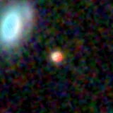 Colour composite: F444W red, F356W green, F277W blue, 3.2 arcsec across, north up